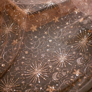 Sparkle Sequins Stars lace fabric, Sequins beaded tulle fabric Star Moon Embroidery for prom, Princess dress, Doll Dress Sold By Yard