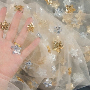 Bling Sequin Star Lace Fabric Mesh Soft Tulle Fable By the Yard For Wedding Dress Bridal Veil, Girl Dress 51 inches Width By The Yard