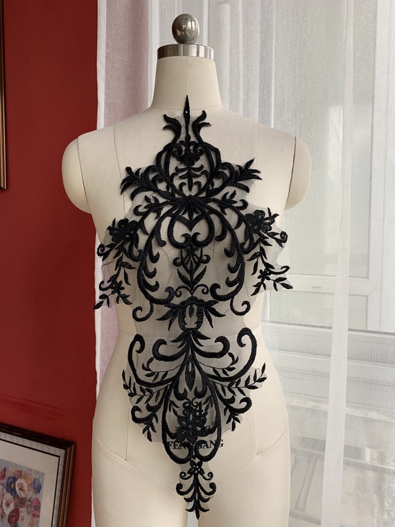 Vintage Embroidery Lace Applique Black Large Lace Patch Delicate