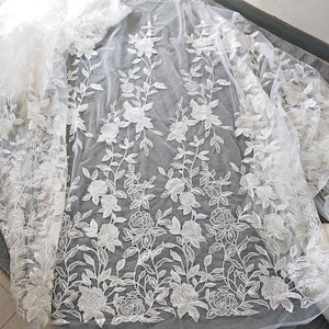 Off White Embroidery lace With Sequined Embroidery Rose Flower Soft Lace Fabric Sold by the Yard For Bridal Embroidery Lace, Couture lace