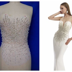 Elegant Rhinestone Beaded Bodice Applique Pearl Embroidery Lace Patch for Wedding Dress, Prom Gown Patch, Rhinestone Patch, By 1 Piece