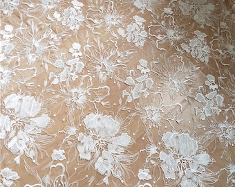Lotus Bordado tela de encaje de marfil, cortado a medida de blanco de encaje de novia vestido de novia tela de encaje, bordado suave encaje de flores de encaje francés