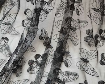 Lovely Butterfly Embroidery Black Off White Tulle Lace Fabric For Birthday Party Decor, Wedding Veil, Bridal Gown, Fashion Show, 1 Yard