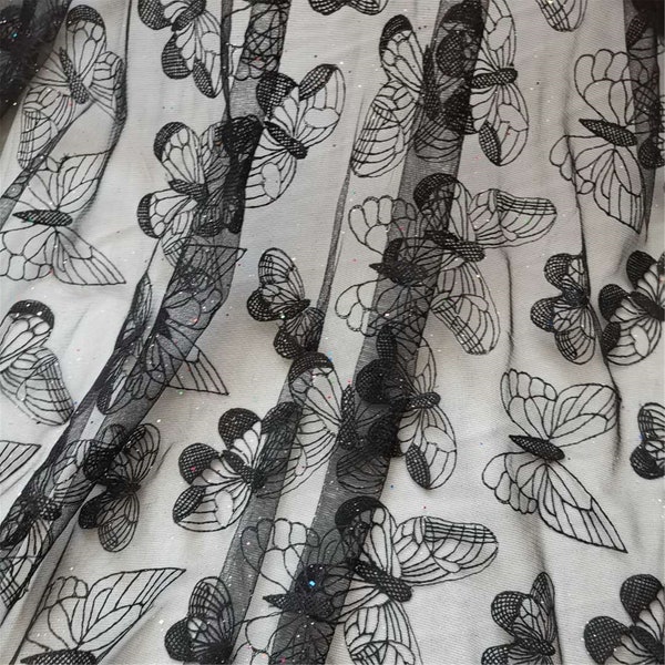 Lovely Butterfly Embroidery Black Off White Tulle Lace Fabric For Birthday Party Decor, Wedding Veil, Bridal Gown, Fashion Show, 1 Yard