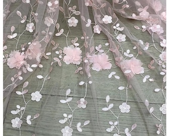 Delicate White Embroidery Floral Vines Lace 3D Floral Embroidery Lace Fabric, Wedding Dress Lace Fabric, Soft Embroidery French Lace 1 Yard