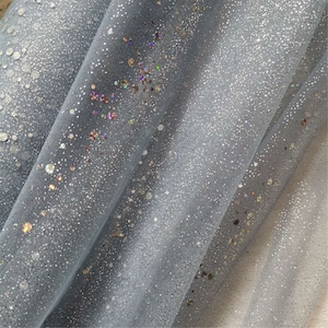 Silver Glitter Overlay On Tulle Lace Fabric With Colorful Sequin For Birthday Party Decor, Wedding Veil, Bridal Gown, Fashion Show, 1 Yard