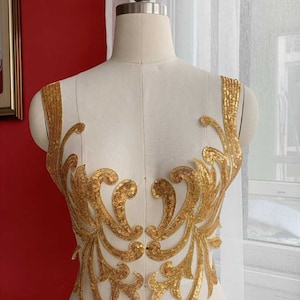 Gold Sequin Lace Applique Flower Sewing Lace Applique ,Sequins Lace Motif ,Embroidery Sequins Appliques Patch Sew on DIY lace Trim