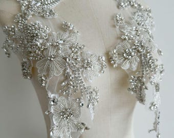 Silver Exquisite Diamante Rhinestone Applique Crystal Beaded Lace Applique For Wedding Bridal Sash Shoulder Bodice Wedding accessories