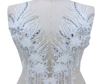 3D Flower Rhinestone Off White Lace Applique Bodice Silver Sequined Lace Patch For Wedding Party Costume Dress Sold by 1 Piece