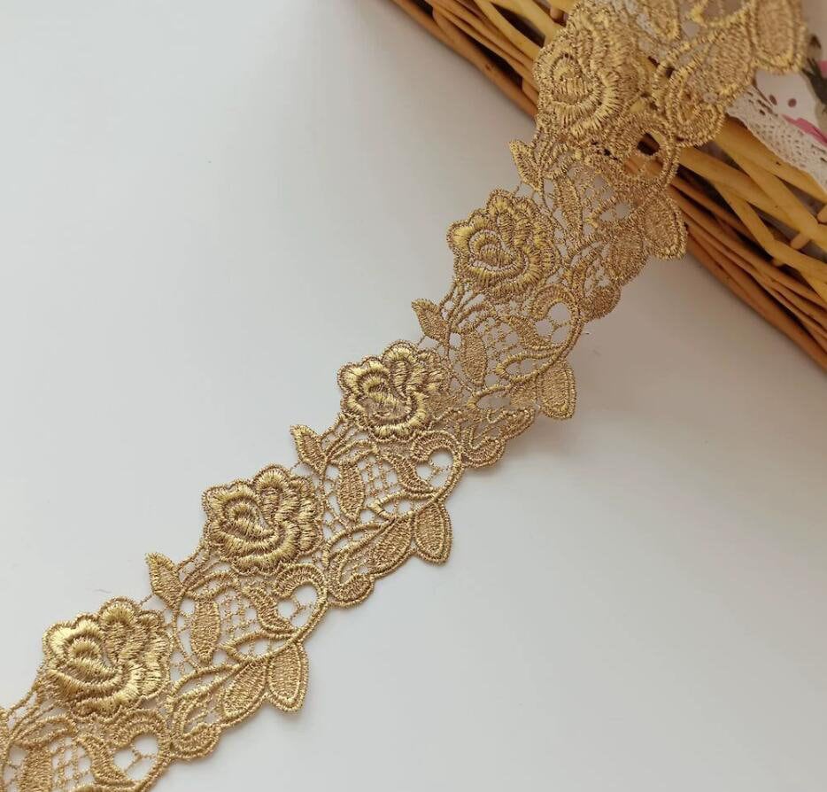 2 Yards Gold Rose Flower Guipure Lace Trim, Dress Lace Trim, Vintage Lace, Gold Lace Trim, Doll Lace Trim  for Bridal Dress,Craft Making