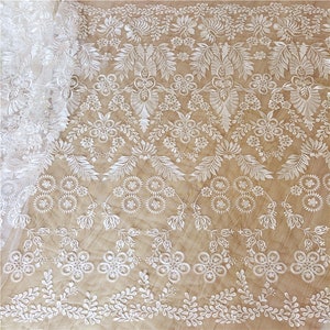 Embroidery Flower Leaf Lace Fabric, By the Yard Off White Bridal Lace Wedding Dress Lace Fabric , Soft Embroidery French Lace flower lace