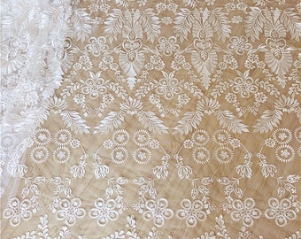 Embroidery Flower Leaf Lace Fabric, By the Yard Off White Bridal Lace Wedding Dress Lace Fabric , Soft Embroidery French Lace flower lace