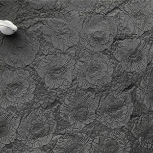 May include: A close-up shot of a dark gray, textured surface with a repeating floral pattern. A small, white, curved object is positioned in the upper left corner. The surface has a raised, embossed design of stylized flowers.
