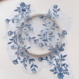Blue Flower Embroidery Lace Applique Flower Blue Vine Patch Embroidery Lace Motif Lace Appliques Addition For Wedding Dress Bridal Veil