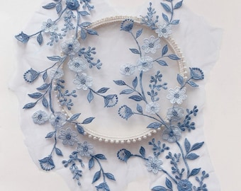 Blue Flower Embroidery Lace Applique Flower Blue Vine Patch Embroidery Lace Motif Lace Appliques Addition For Wedding Dress Bridal Veil