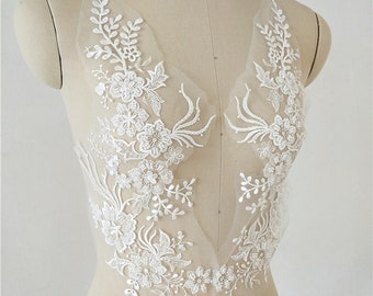 Exquisite Beaded Floral Lace Applique Flower Leaf Embroidery Sewing on Costume Wedding Bridal Dress DIY Trim