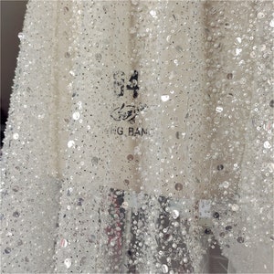 Sparkling Sequin Heavy Lace Fabric Mesh Materials with Beaded Trims By The Yard For Wedding Dress Bridal Veil 51 inches Width