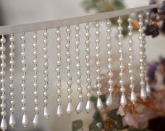9cm Pearl Beaded Tassel Trim Dangling Tassel Belt Satin Ribbon for DIY Embellishment Home Decor Doll Dress Costumes Curtain Sold by yard