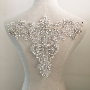 Sparkle Silver Rhinestone Applique Neckline Applique Embroidery Crystal Trims Sewing Patch for Prom Dresses Formal Party Gown 1 PC