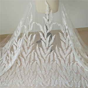 Beaded Leaf Embroidery Lace Fabric With Sequins Embroidery Mesh Leaves Off White Lace Fabric DIY Wedding Bridal Full Dncing Dress Costumes