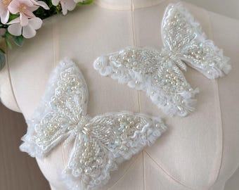 3D Butterfly Elegant Accents Pearl Lace Motif Pearl Butterfly  Beaded Patches Sequins Applique Sewing Appliques for Costumes Dress