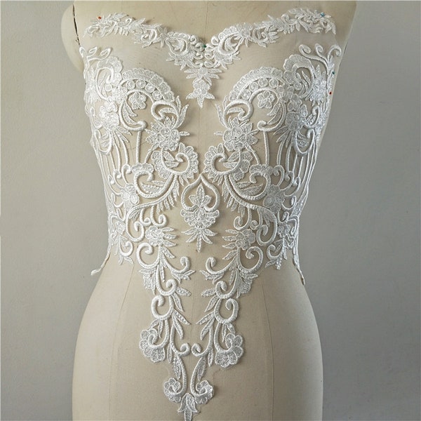 Exquisite clear sequin Leaf Embroidery Bridal Lace Applique Bodice Floral Lace Patch Wedding Applique Lace Motif