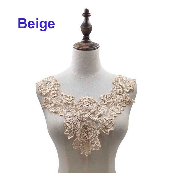 Floral V-Neck Guipure Lace Applique Sew On Flower Embroidery Guipure Lace Patch Flower Lace Motif for Dress Craft Object 1 Piece