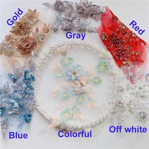 SUNMOVE 3Dビーズ刺繍スパンコールレースアップリケ ホワイトミラー フラワーファブリックカラーパッチモチーフ ウェディングガウンドレス ブライ 1ペア 3Dビーズ刺繍 スパンコール レース アップリケ ゴールドミラー フラワー生地 襟パッチモチーフ ウェディングガウン ドレス ブライダル  DIY クラフト