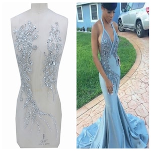 Rhinestone Sequins Bodice Applique Beaded Embroidery Lace Patch for Evening Dress, Prom Gown Patch, Rhinestone Patch, By 1 Piece