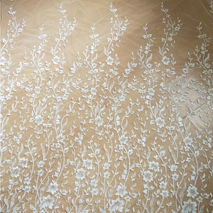 Off-White Leaf Embroidery Floral Vines Lace Fabric By yard Sequined Lace Overlay for Wedding Dress Bridal Veil Sold By Yard