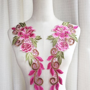 Hot Pink Peony Embroidery Lace Moitf Flower Lace Applique Sewing Lace Patch Delicate Accessories For Costumes, Dress Jacket