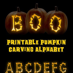 May include: Printable pumpkin carving alphabet with letters A through Z, an exclamation point, and a question mark. The letters are carved in a bone-like design and glow yellow against a black background.
