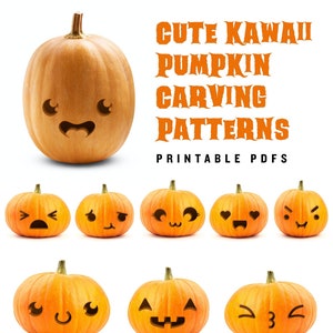 May include: A collection of 12 printable pumpkin carving patterns featuring cute kawaii faces. The patterns include a variety of expressions, such as happy, sad, surprised, and angry.  "Cute Kawaii Pumpkin Carving Patterns Printable PDFs" is written at the top of the image.