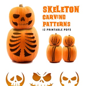 May include: Twelve printable pumpkin carving patterns featuring skeleton designs. The patterns include a full skeleton, skull and crossbones, and various skull faces.