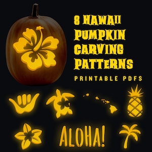 8 Hawaiian pumpkin carving jack-o-lantern patterns for Halloween on the Beach // Patterns include: Aloha, Shaka, Palm Tree, and Sea Turtle