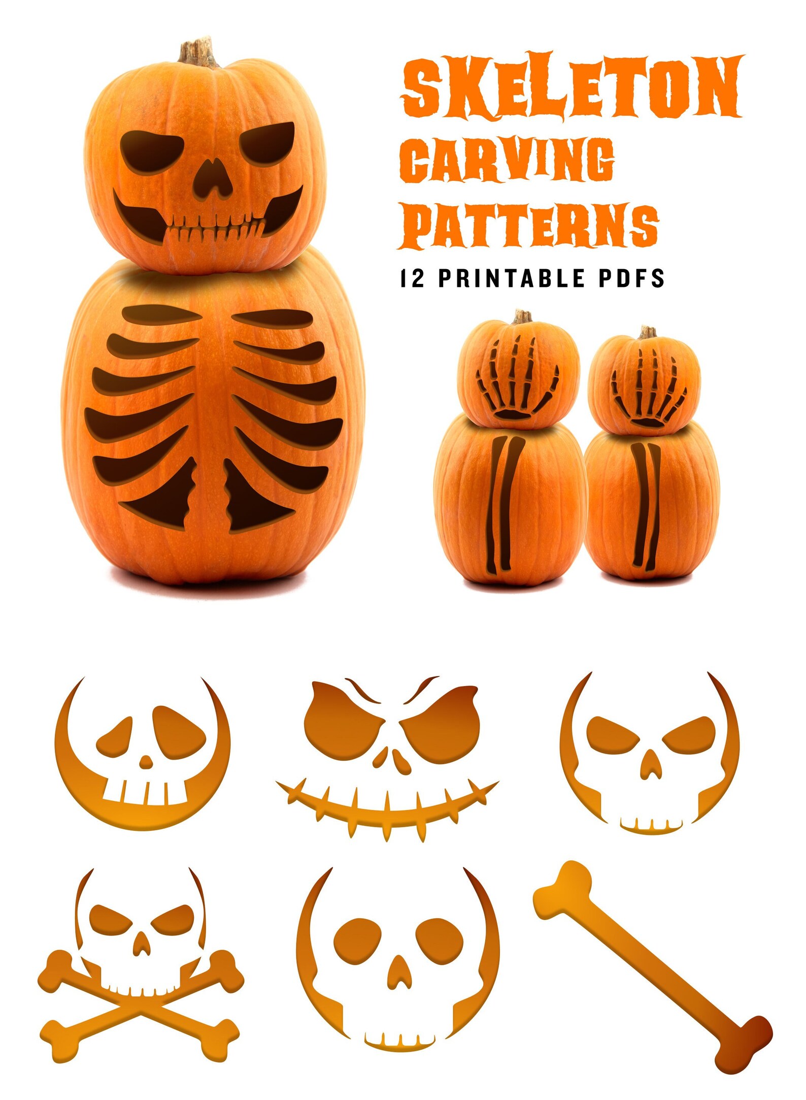 Printable Skeleton Pumpkin Carving Patterns 12 Easy and - Etsy