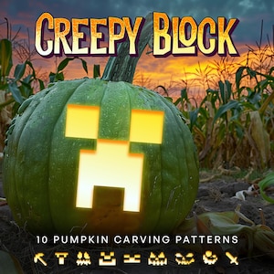 Patrón de tallado de calabazas Pixel Gamer // Plantillas de Halloween con bloques únicos para crear linternas de Halloween