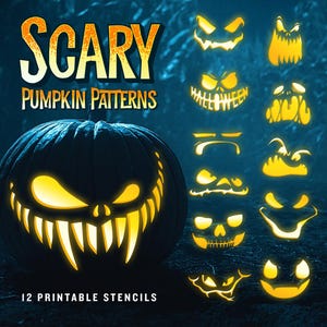 May include: A collection of 12 printable pumpkin stencils featuring scary faces. The image displays a large carved pumpkin with a glowing, sharp-toothed grin alongside 11 additional glowing facial patterns. Text reads SCARY PUMPKIN PATTERNS and 12 PRINTABLE STENCILS.