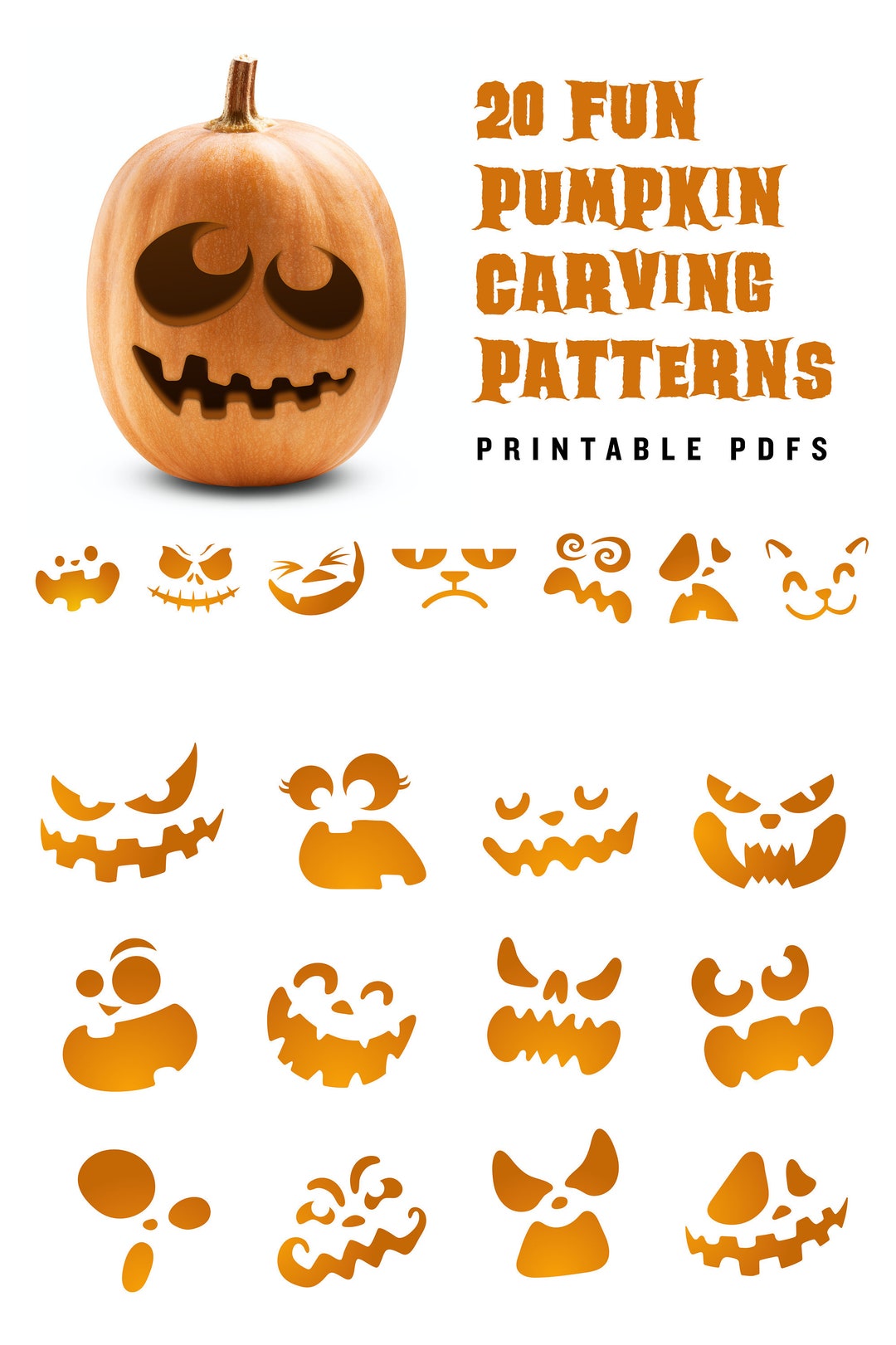 20 Printable Jack-o-lantern Pumpkin Carving Patterns for Halloween // Simple Patterns That Can Make Anyone Look Like a Pro - Etsy