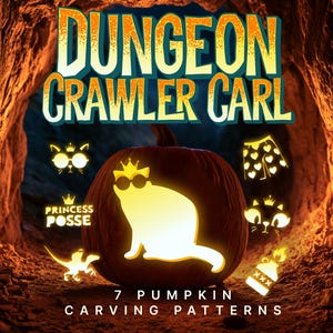 May include: A pumpkin carving pattern set titled Dungeon Crawler Carl featuring seven designs including a cat wearing a crown and sunglasses, a pair of heart-patterned boxers, a cat face, a dinosaur, a bottle, and the text Princess Posse.