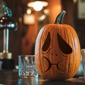 May include: A carved pumpkin with a sad face expression. The pumpkin is orange and has a green stem. The pumpkin is sitting on a wooden surface with two clear glasses.