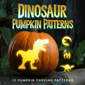 Dinosaur Pumpkin Carving Pattern | Simple Jack-o-Lantern Templates Including Spinosaurus, Velociraptor, and T-Rex Pumpkin Patterns