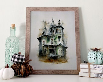Haunted House Printable Wall Art Halloween Decor // Spooky Watercolor Halloween Painting