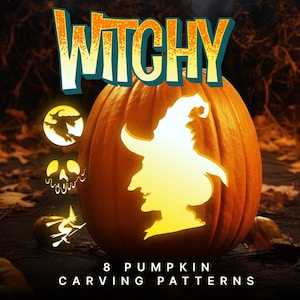 Halloween Witch Pumpkin Stencils | Easy Carving Templates | Jack o Lantern Pattern with Witch Hat, Boots, Cauldron, Poison Apple, Broomstick