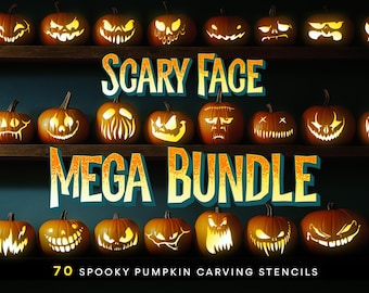 Pumpkin Carving Stencils, 70 Scary Faces, Printable Halloween Jack O Lantern Templates, Easy to Hard, Beginner to Advanced PDF