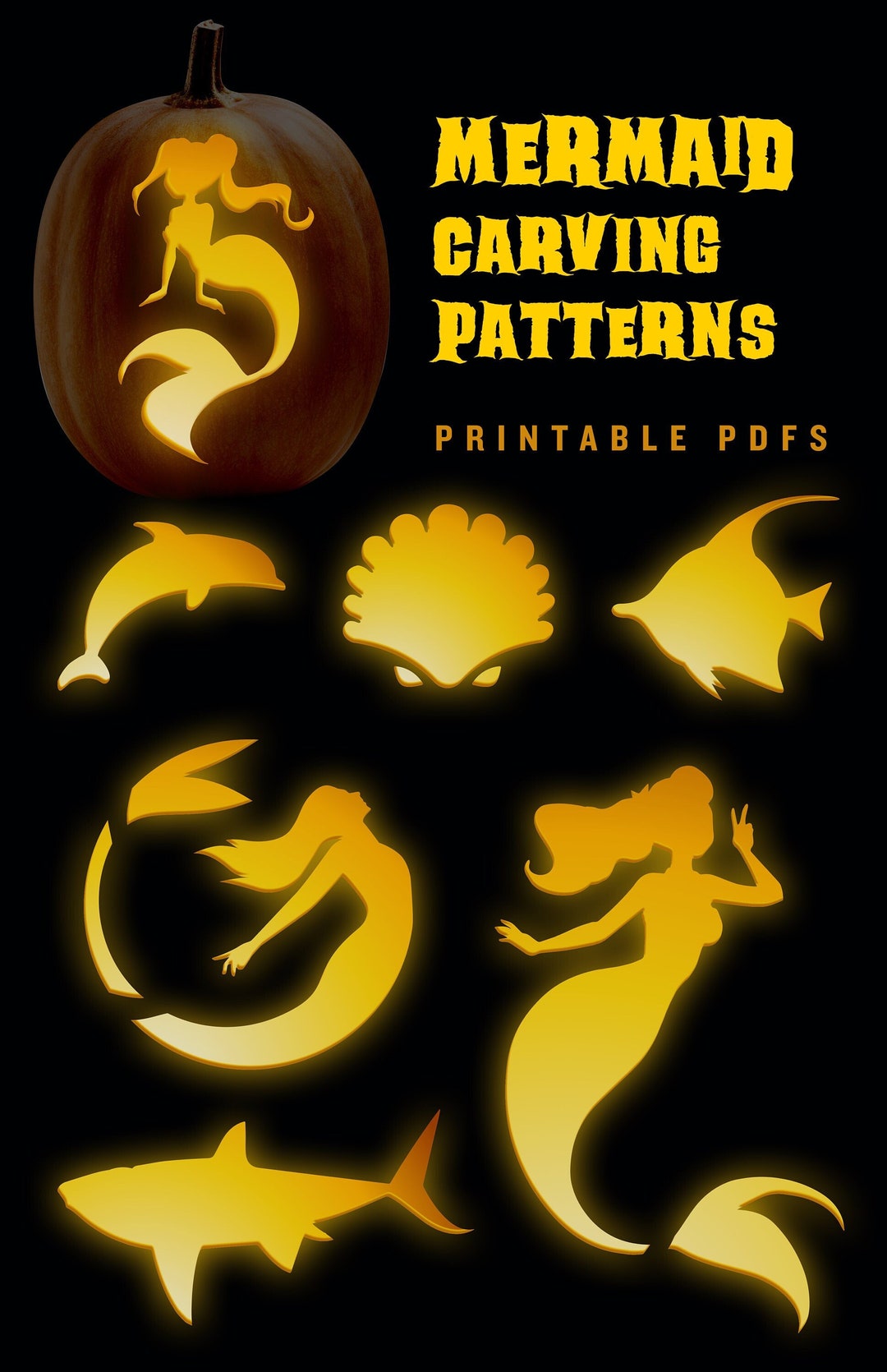 little-mermaid-pumpkin-carving-patterns-templates-for-halloween-little-mermaid-dolphin-fish-and-shark-jack-o-lantern-patterns-etsy