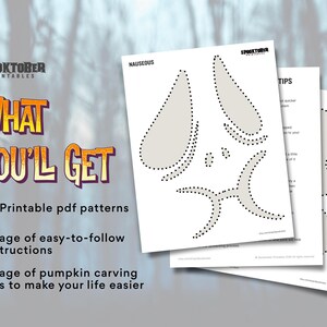 May include: A set of printable pumpkin carving patterns with instructions and tips. The patterns include a "Nauseous" design with a ghost face and a "Tips" page with helpful advice.