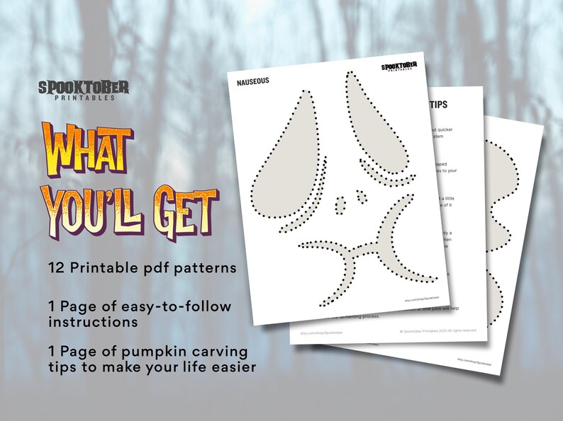 May include: A set of printable pumpkin carving patterns with instructions and tips. The patterns include a "Nauseous" design with a ghost face and a "Tips" page with helpful advice.