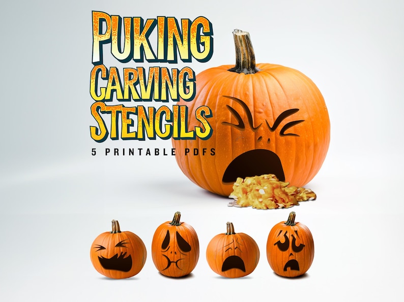 Humorous Throwing Up Jack O' Lantern Design Stencil || Puking Pumpkin Carving Pattern image 1