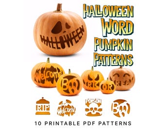 Printable Jack-o-Lantern Patterns with 8 Halloween Words  ||  Includes Boo, Trick or Treat, Poison, Welcome, and other easy pumpkin patterns